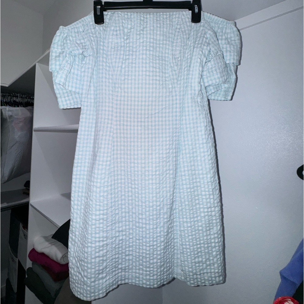 Guess Mini dress - summer plaid, square neck, puff ruffle sleeve